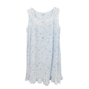 Eileen West Nightgown Women's White Blue Floral Lace Trim Sleeveless Button Up L